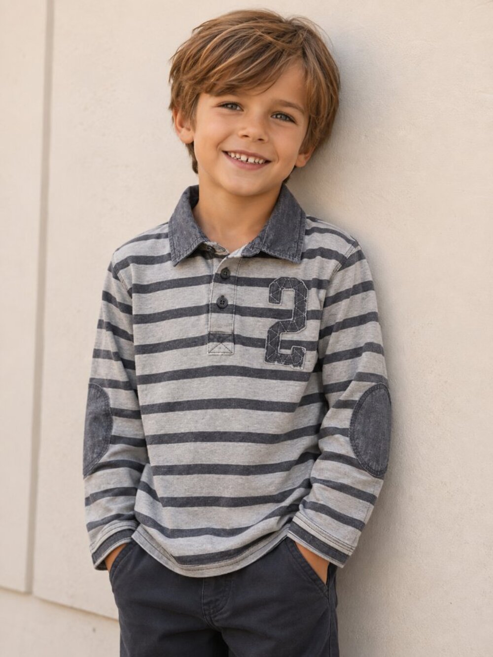 GAP KIDS Twofer Chambray Gray Striped Long Sleeve Polo Rugby Shirt S 6 7